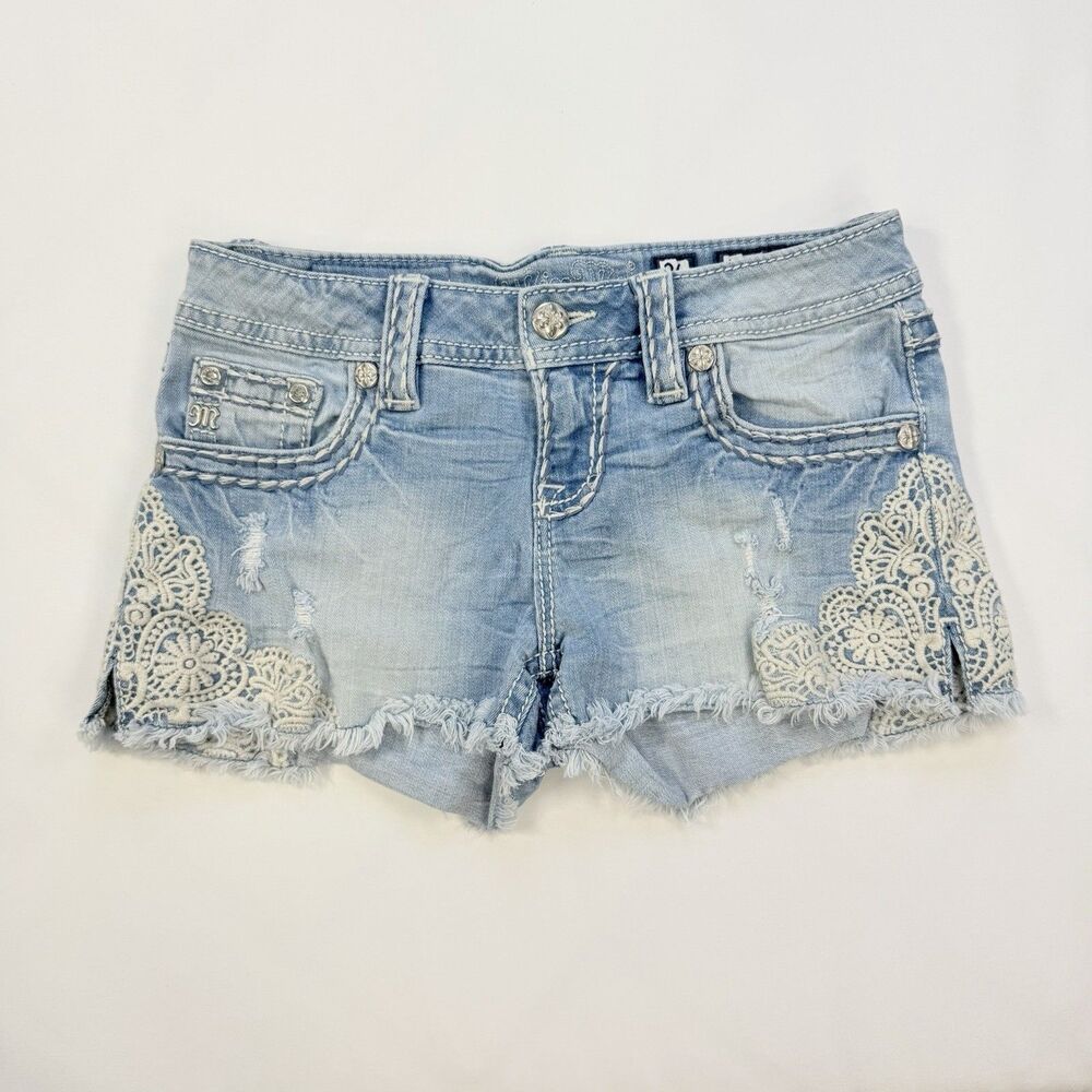 Miss Me Embellished Lace Denim Micro Mini Shorts Sz 26 Embrodiered Y2K Festival